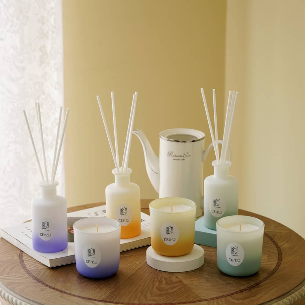 3 色渐变喷砂玻璃罐香薰蜡烛芦苇扩散器套装