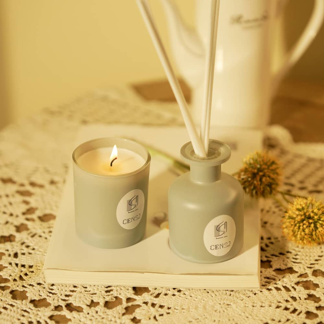 绿色喷砂工艺玻璃香薰蜡烛芦苇扩散器套装