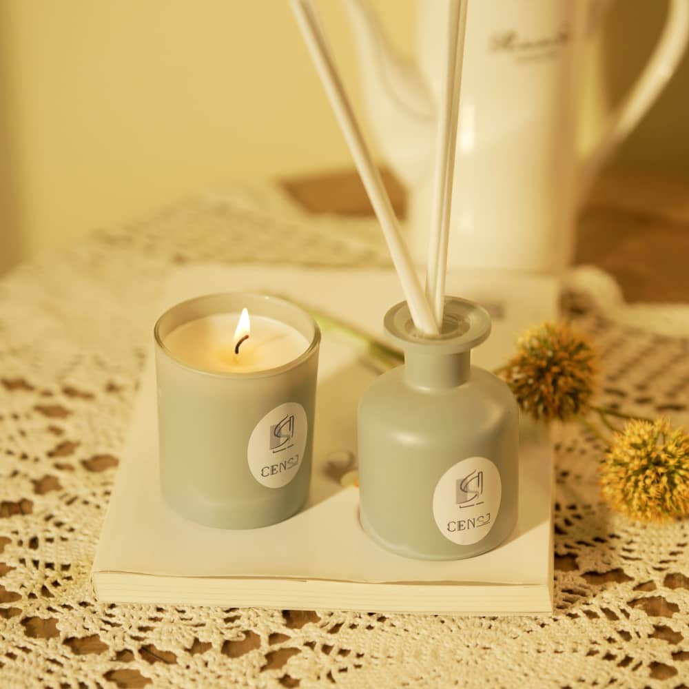 绿色喷砂工艺玻璃香薰蜡烛芦苇扩散器套装