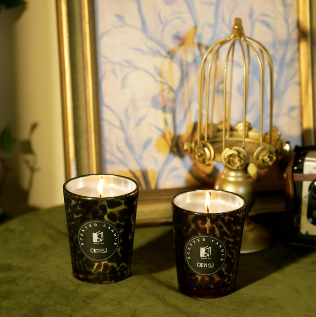 电镀贴花工艺豹纹斜角 350 毫升玻璃香薰蜡烛