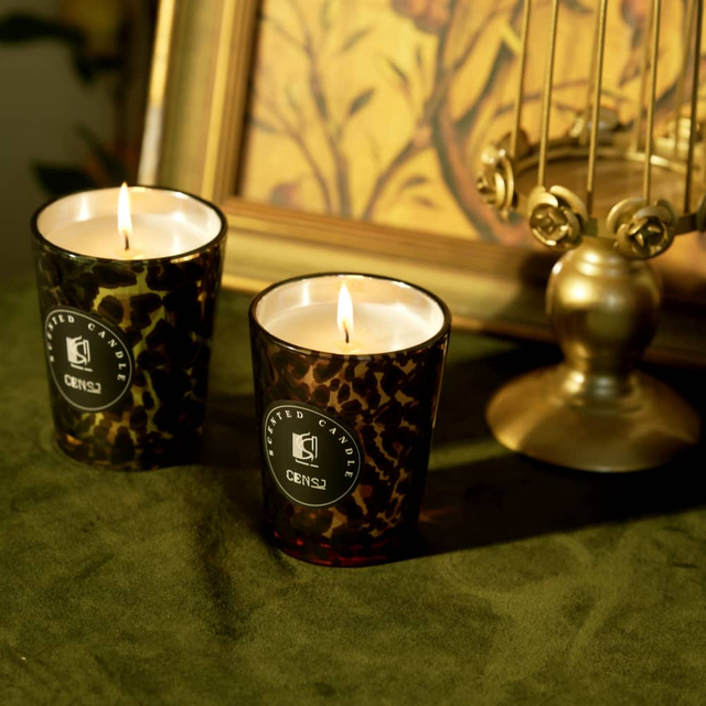 电镀贴花工艺豹纹斜角 350 毫升玻璃香薰蜡烛